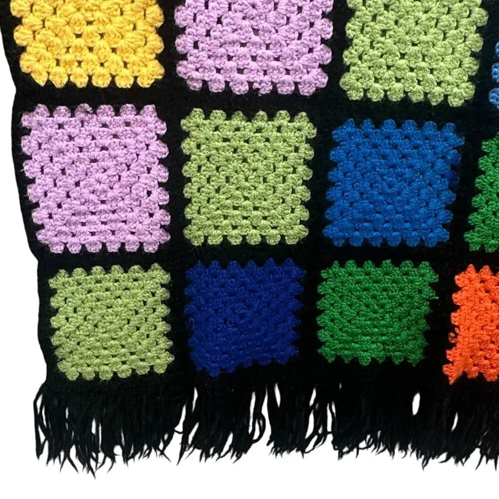 VTG Handmade Afghan Throw Blanket Roseanne Boho Fringe Black 73x35 OOAK Hippie
